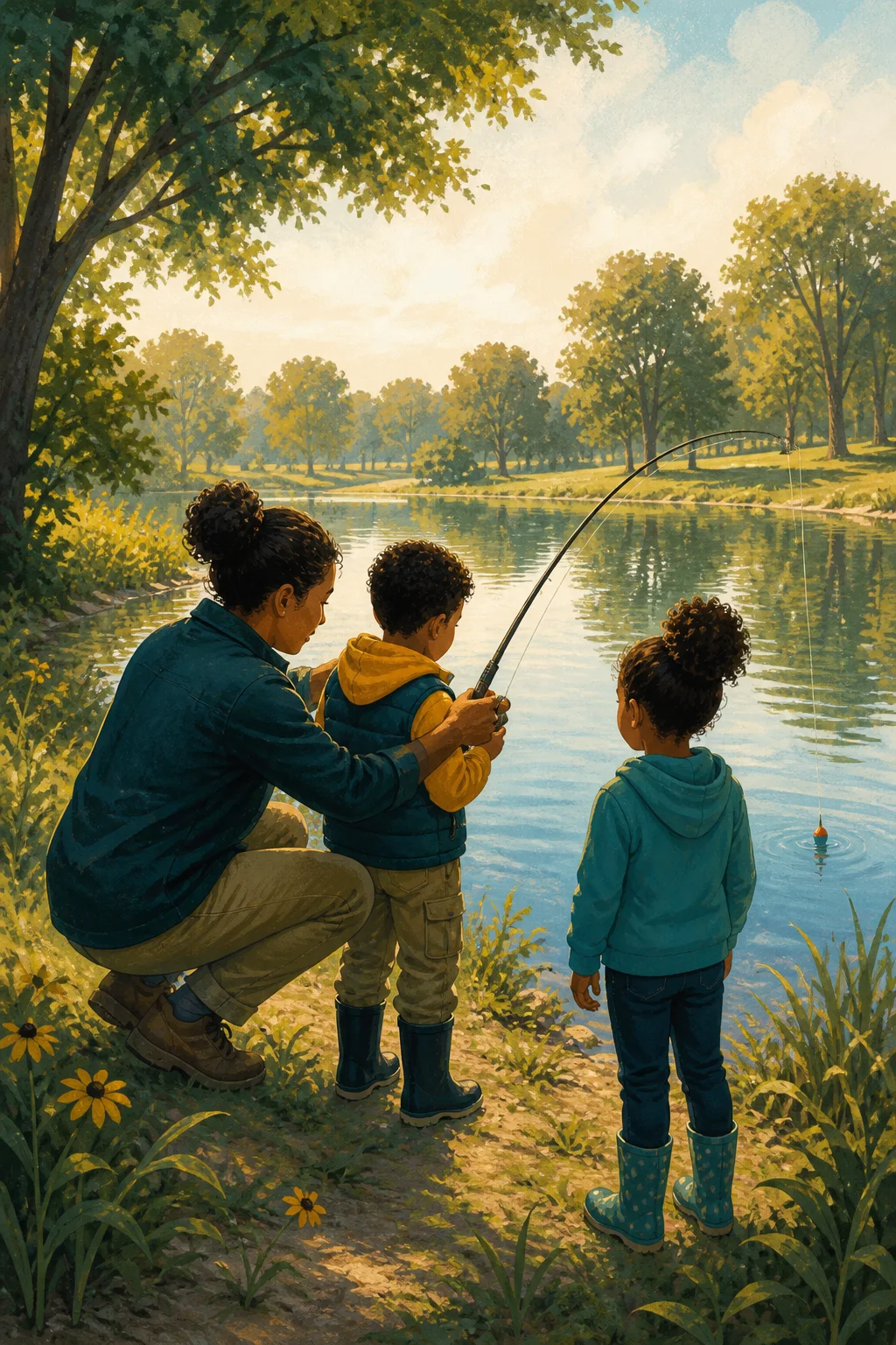 Illustration of two children learning to fish with a supportive adult mentor