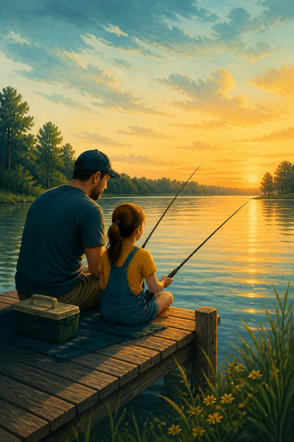 Illustration of a father and daughter reconnecting while fishing beside a lake